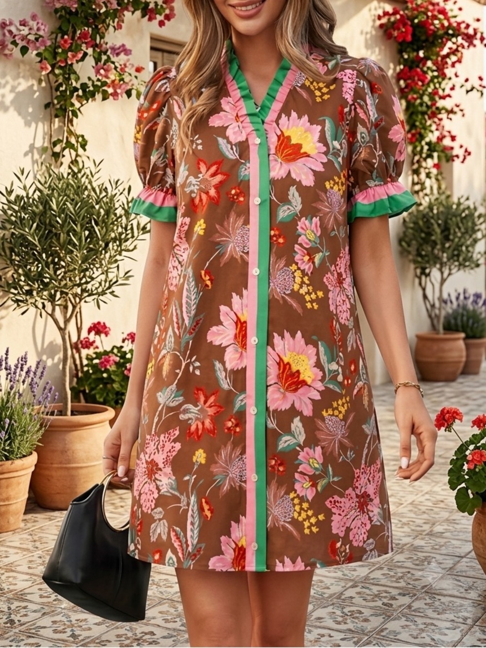 NWT Wenrine Boho Ruffle Floral Puff Sleeve Button Front Shift Mini Dress  XS